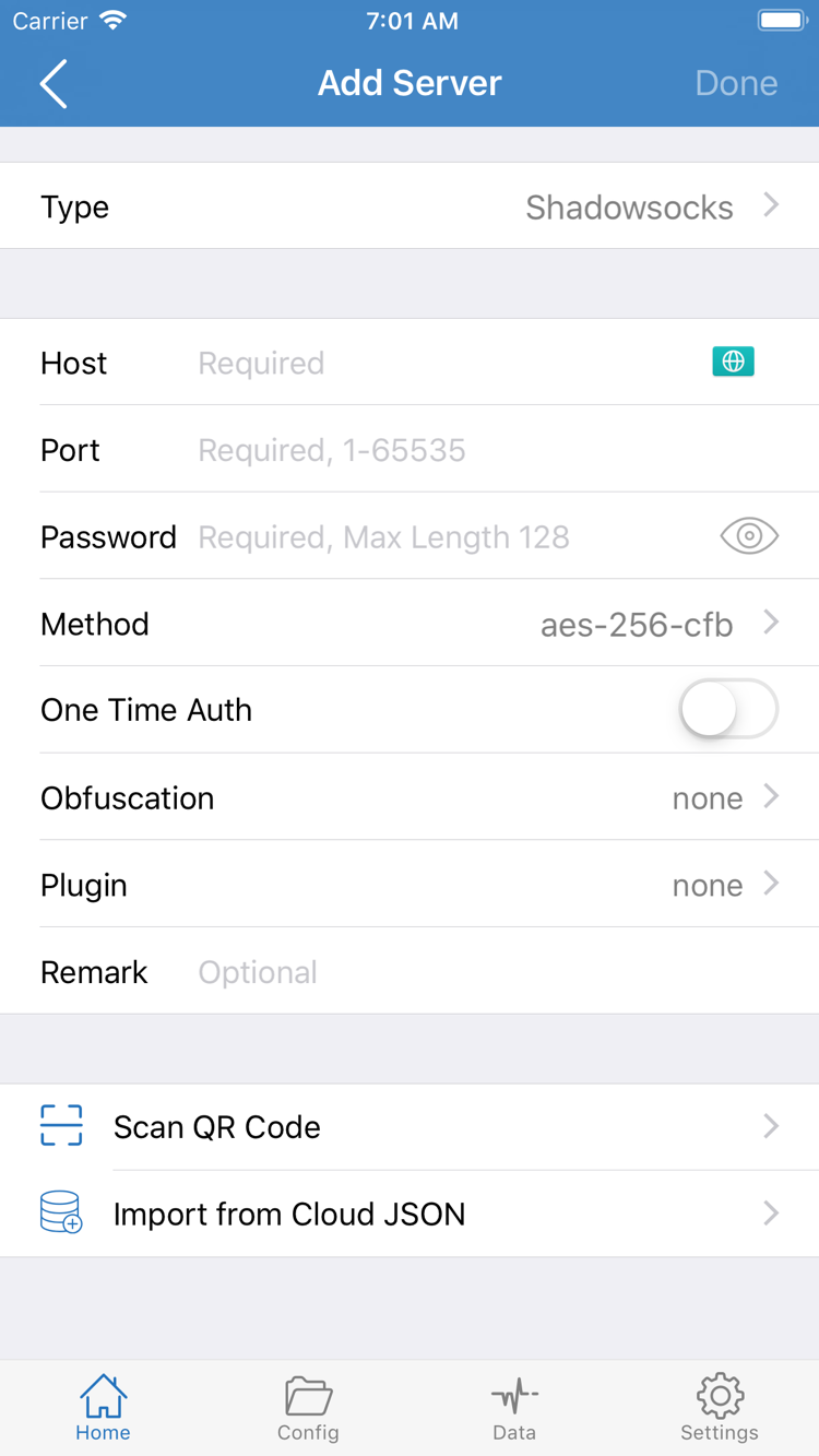 Shadowrocket 的 Add Server 頁面，顯示 Type、Host、Port、Password、Method 與 Scan QR Code 等入口